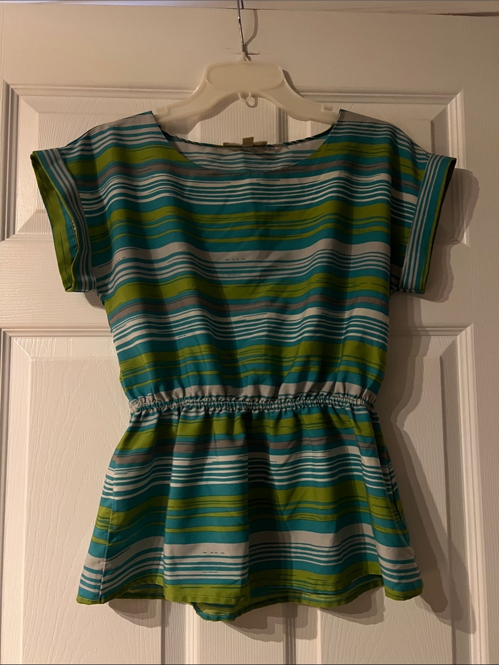Banana Republic Teal and Lime Striped Short Sleeve Peplum Top